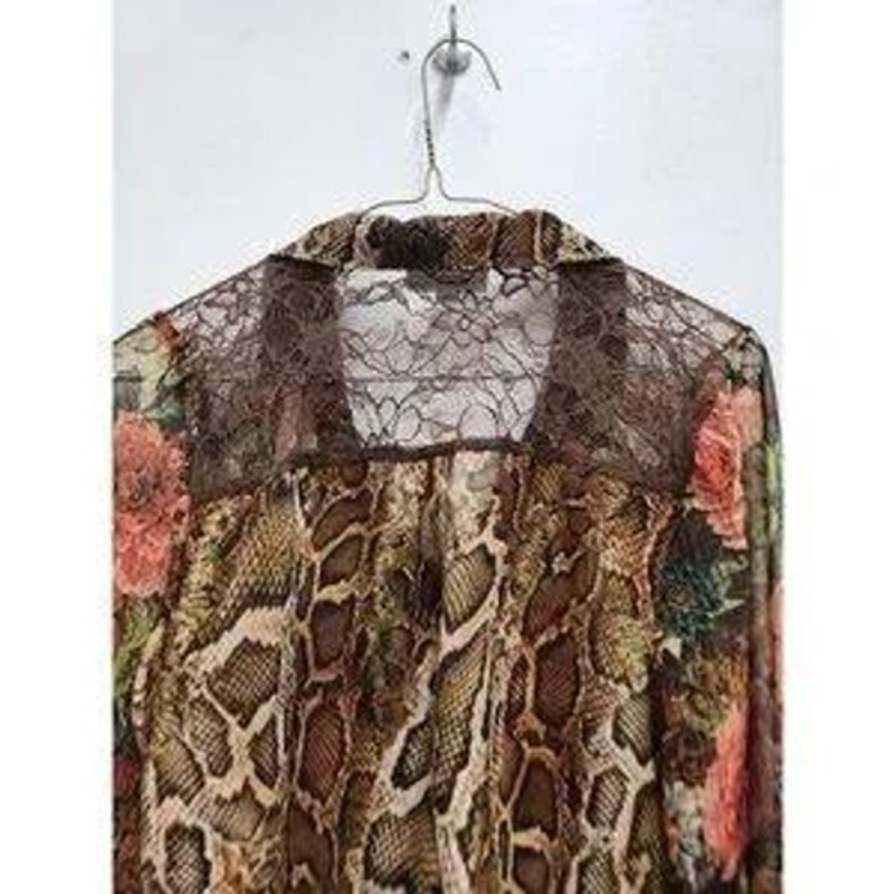VTG Y2K Dressbarn BOHO Blouse Womens S Brown Floral Snakeskin Lace Trim Chiffon - Picture 9 of 9